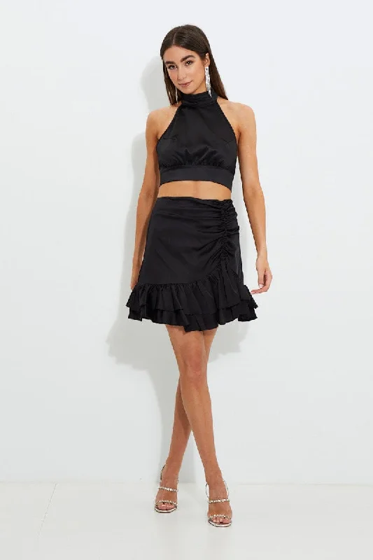 Black Designer Asymmetric Frill Detail Mini Skirt