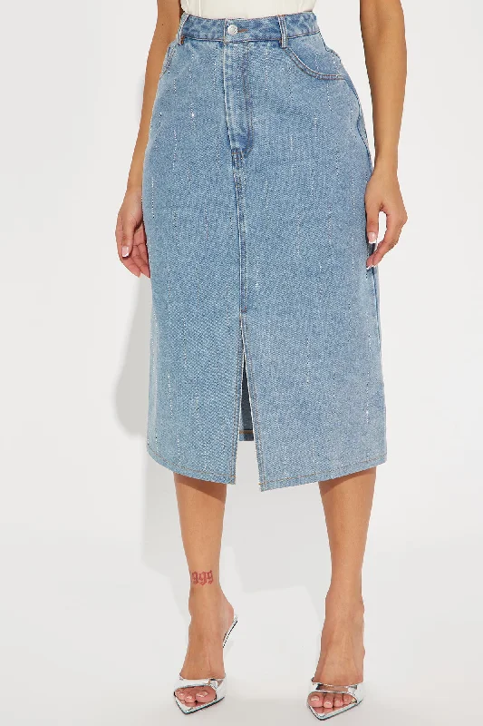 Dalia Embellished Denim Midi Skirt - Light Wash