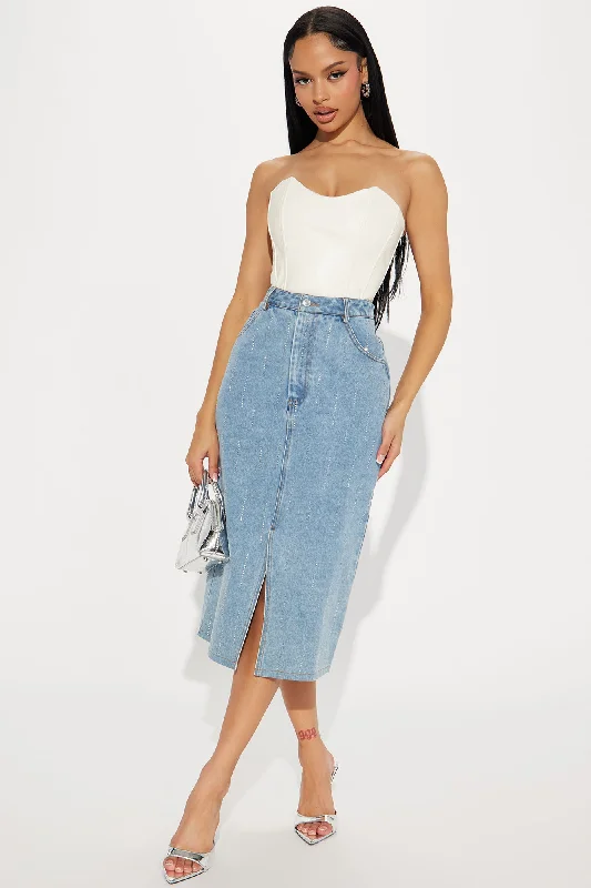 Dalia Embellished Denim Midi Skirt - Light Wash