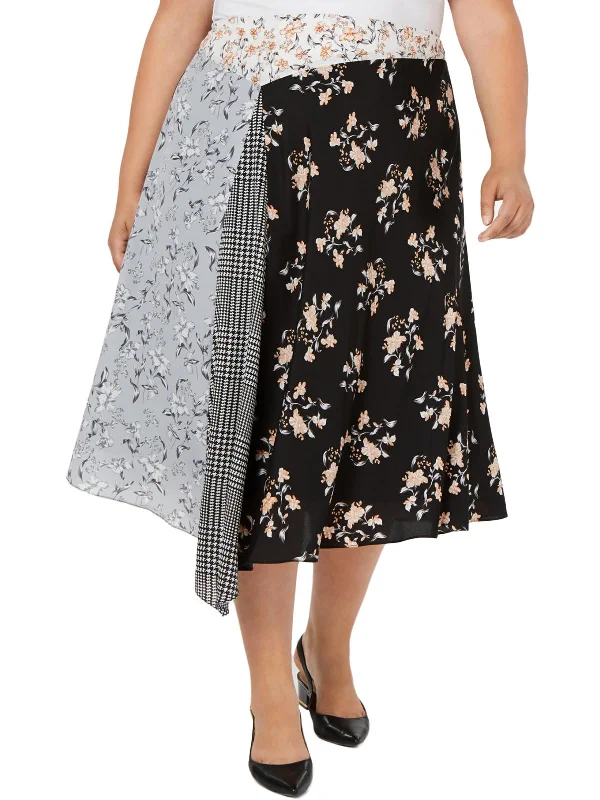 Plus Womens Asymmetric Printed Midi Skirt